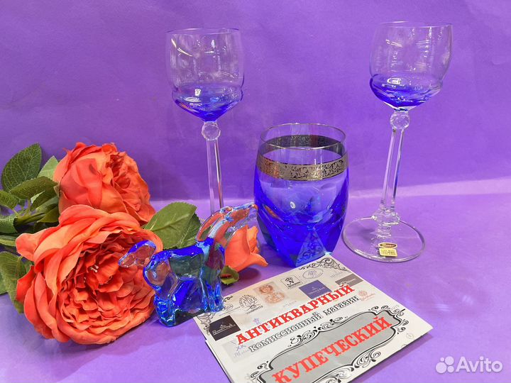 Предметы сервировки, голубое стекло Мозер