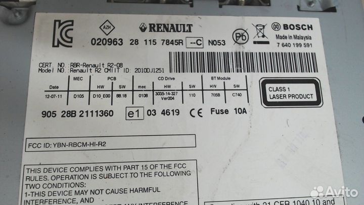 Магнитола Renault Fluence, 2011