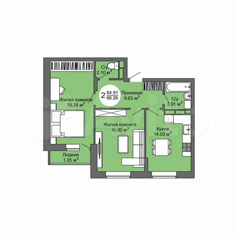 2-к. квартира, 66,3 м², 1/17 эт.