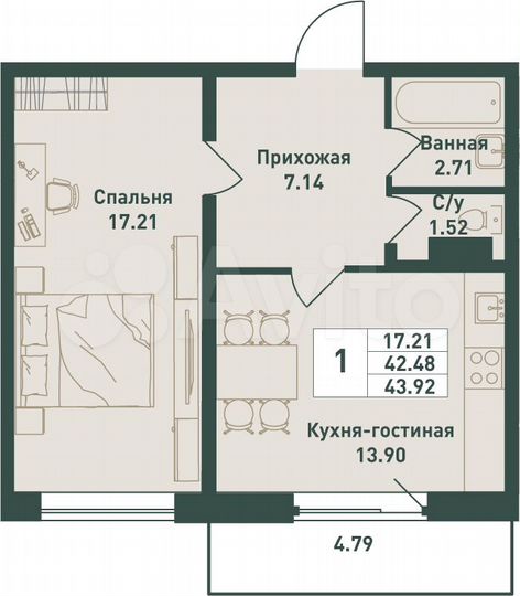 1-к. квартира, 45,5 м², 10/16 эт.