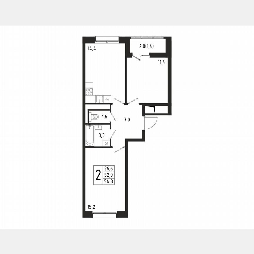 2-к. квартира, 54,3 м², 3/10 эт.