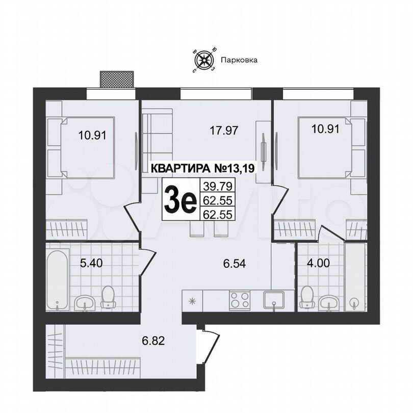 3-к. квартира, 62,6 м², 4/4 эт.