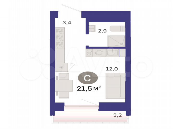 Квартира-студия, 21,5 м², 6/8 эт.