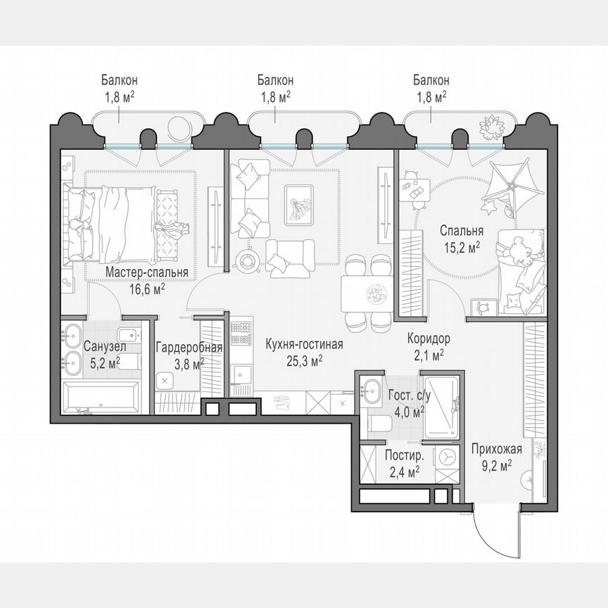 2-к. квартира, 86,1 м², 4/13 эт.