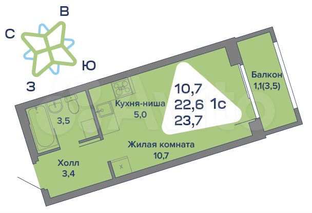 Квартира-студия, 23,7 м², 1/4 эт.