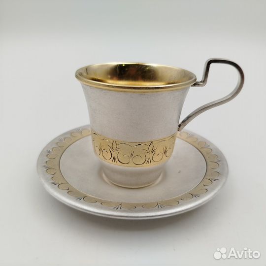 Пара кофейная с орнаментальным декором, мельхиор