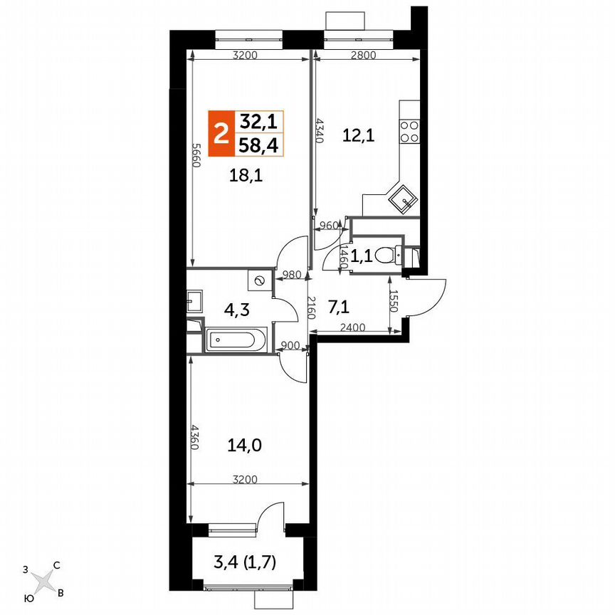 2-к. квартира, 58,4 м², 8/8 эт.