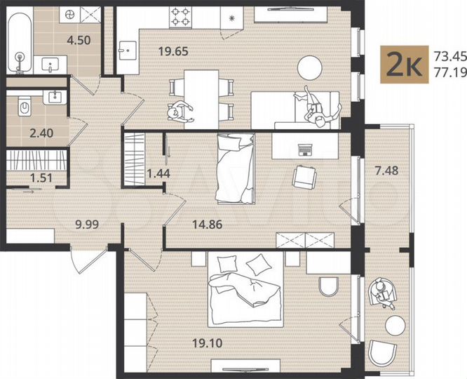 3-к. квартира, 77,2 м², 5/5 эт.