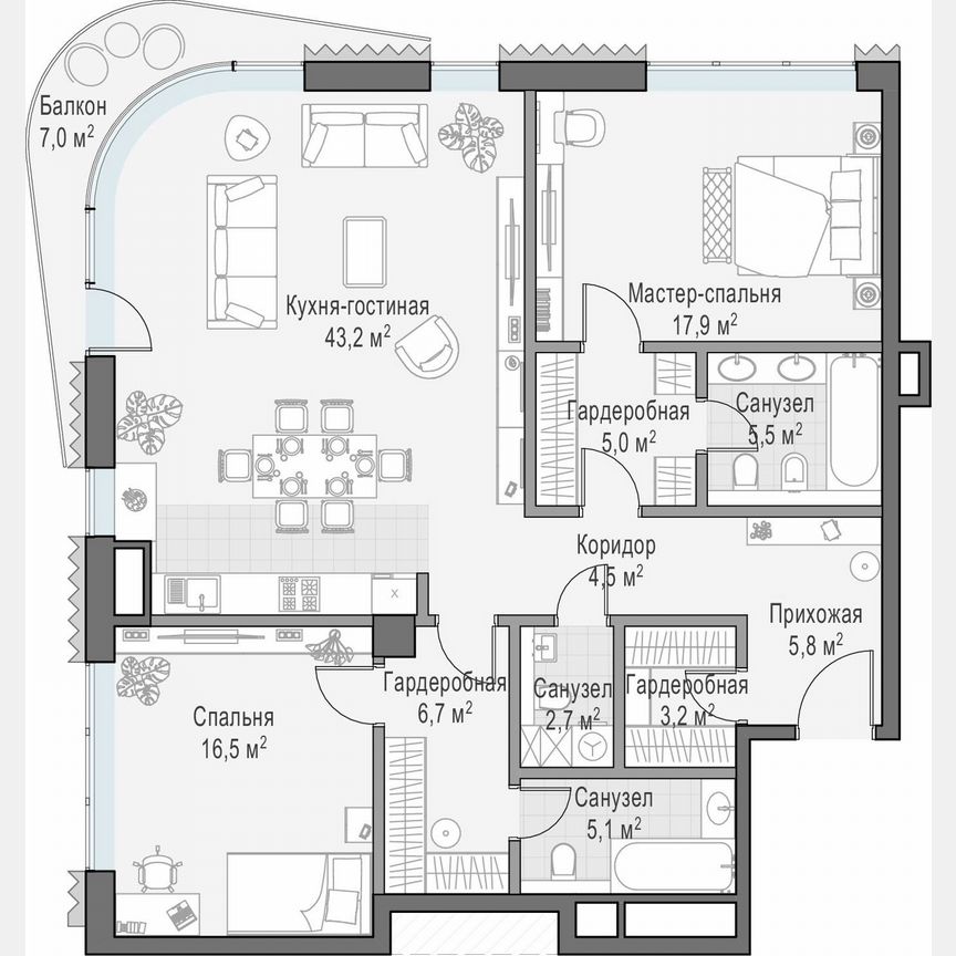 2-к. квартира, 123,1 м², 7/14 эт.