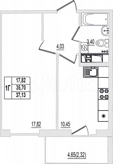 1-к. квартира, 38 м², 9/9 эт.