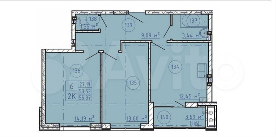 2-к. квартира, 56 м², 1/9 эт.