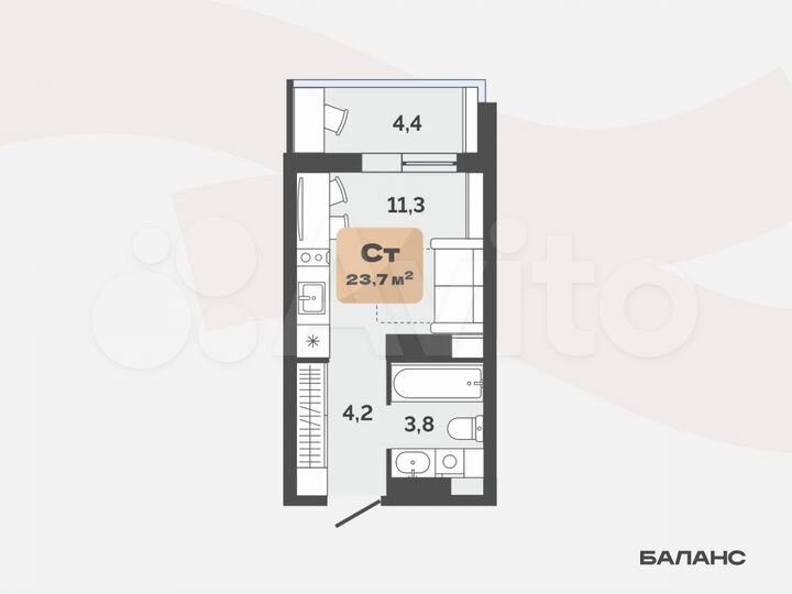 Квартира-студия, 21,5 м², 9/17 эт.