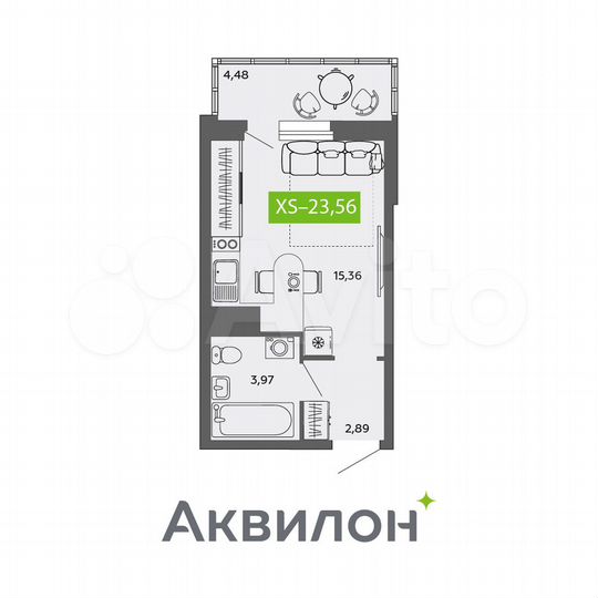 Квартира-студия, 23,6 м², 4/9 эт.