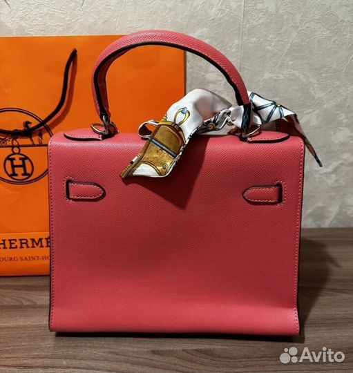 Сумка hermes натуральная кожа ярко кораловая