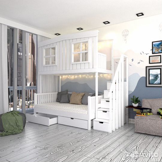 Кровать трансформер трехместная, двухъярусная