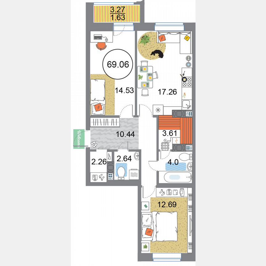 2-к. квартира, 69,1 м², 9/12 эт.