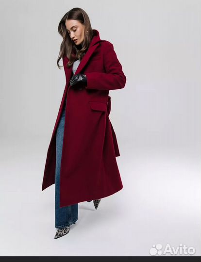 Пальто длинное осень приталенное M бардовое