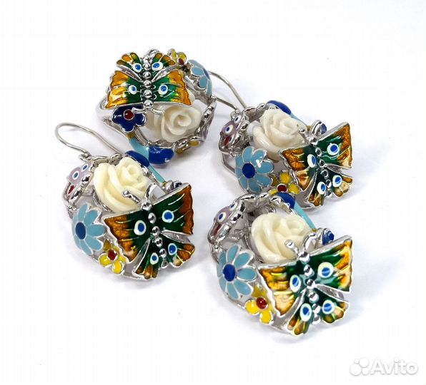 Крупные серебряные серьги, кольцо и кулон