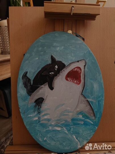 Картина котик кусает акулу