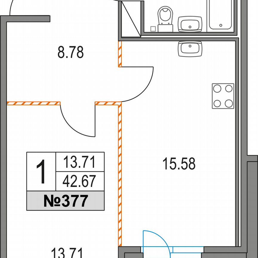 1-к. квартира, 42,7 м², 2/21 эт.