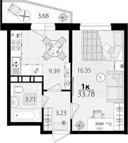1-к. квартира, 33,8 м², 2/12 эт.