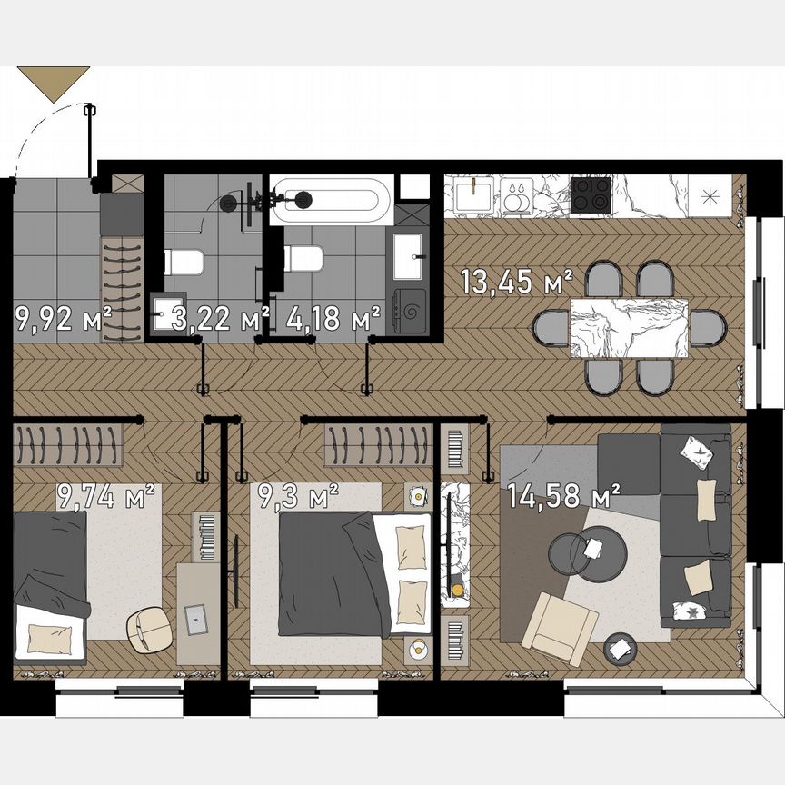 3-к. апартаменты, 65 м², 1/23 эт.