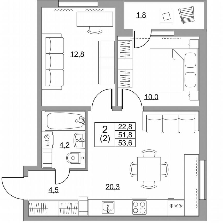 2-к. квартира, 53,6 м², 8/8 эт.