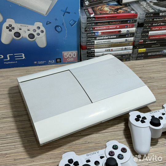 Sony PS3 Super Slim 500Gb Белая + 2Джоя + 55Игр