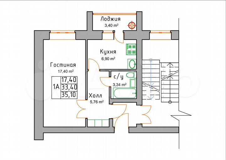 1-к. квартира, 35,1 м², 2/4 эт.