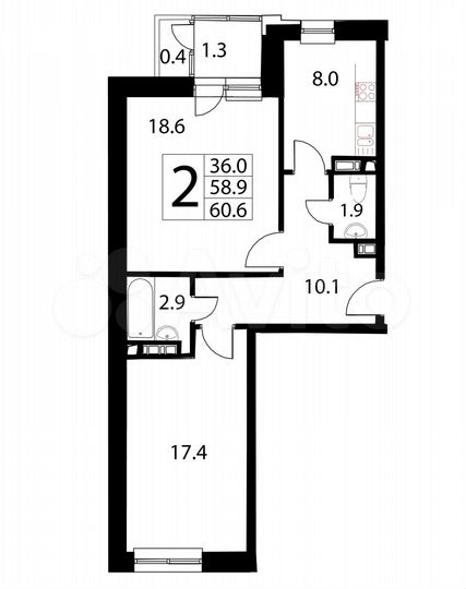 2-к. квартира, 60,6 м², 12/17 эт.