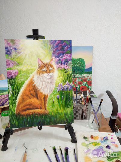 Картина маслом в раме Кошка Цветы Весенний сад