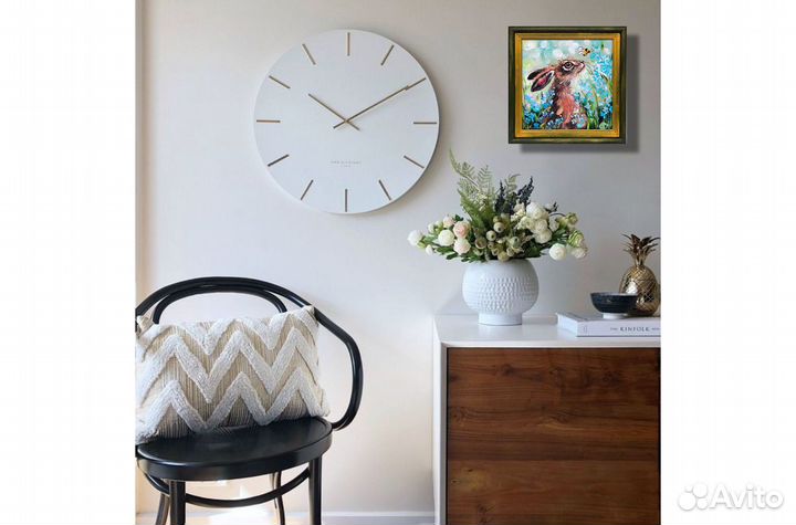 Картина Заяц маслом цветы пейзаж в рамке 15х15 см