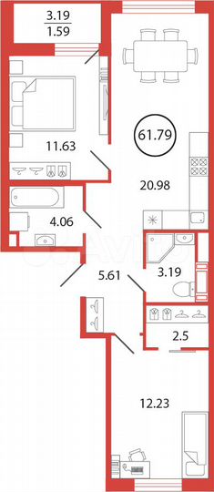2-к. квартира, 61,8 м², 9/12 эт.