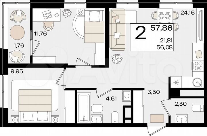 2-к. квартира, 57,9 м², 2/18 эт.