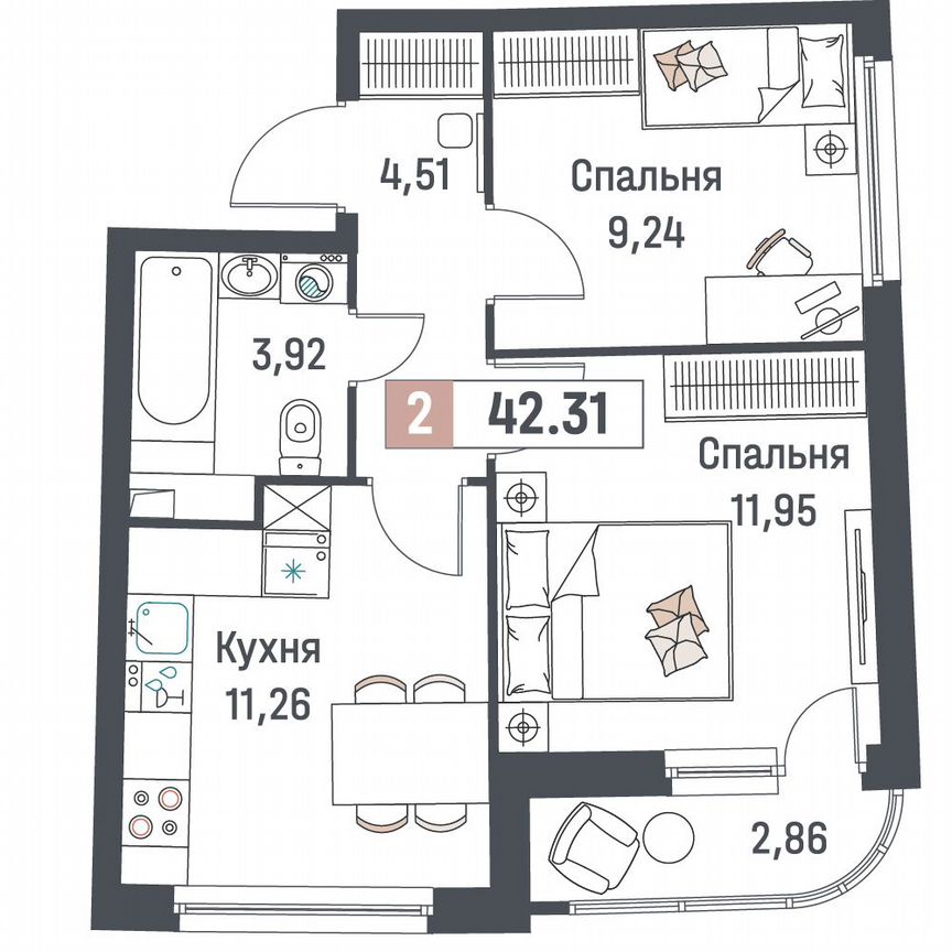 2-к. квартира, 42,3 м², 2/18 эт.