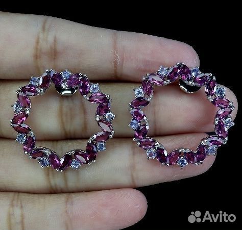 Серебряные серьги с родолит гранатами и танзанит