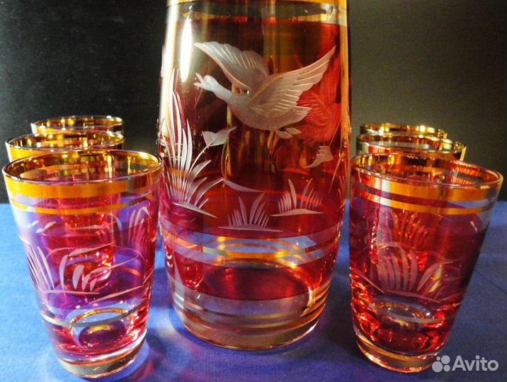 Богемия 1970г графин и 6 бокалов Ручная гравировка