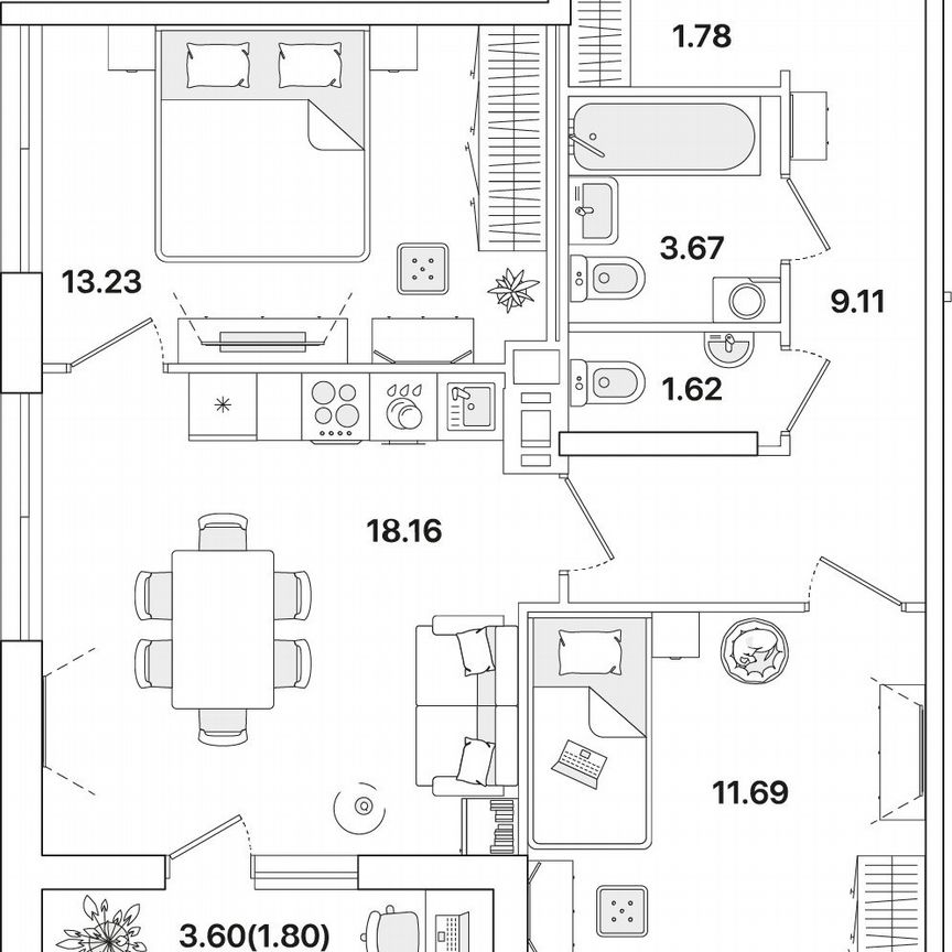 2-к. квартира, 61,1 м², 5/12 эт.