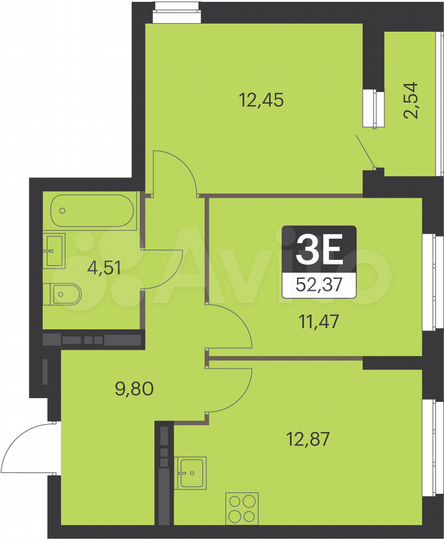 2-к. квартира, 52,4 м², 9/15 эт.