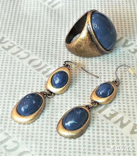 Серьги, кольцо латунь лазурит разм. 19,5 С597