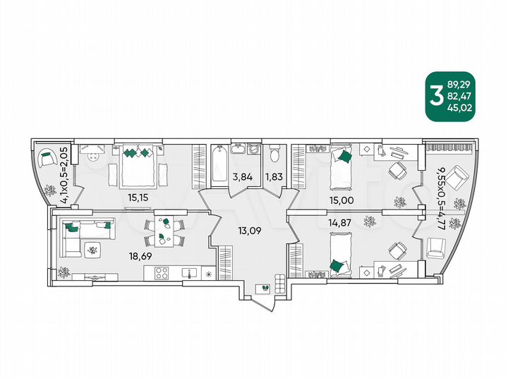 3-к. квартира, 89,3 м², 22/24 эт.