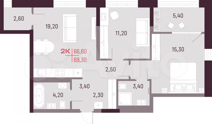 2-к. квартира, 66,6 м², 21/25 эт.