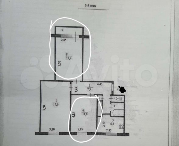 Доля в 3-к. квартире, 60 м², 2/5 эт.