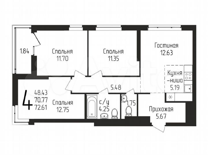 4-к. квартира, 72,6 м², 17/25 эт.