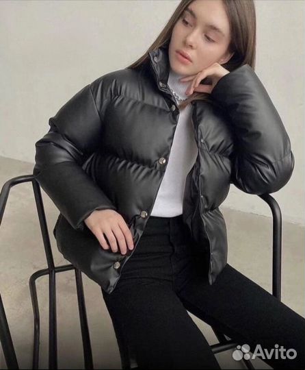 Куртка кожаная пуховик эко кожа черная