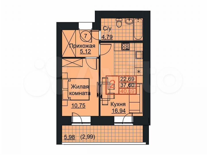 2-к. квартира, 40,6 м², 7/19 эт.