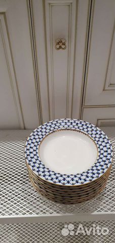 Тарелка кобальтовая сетка с золотом лфз