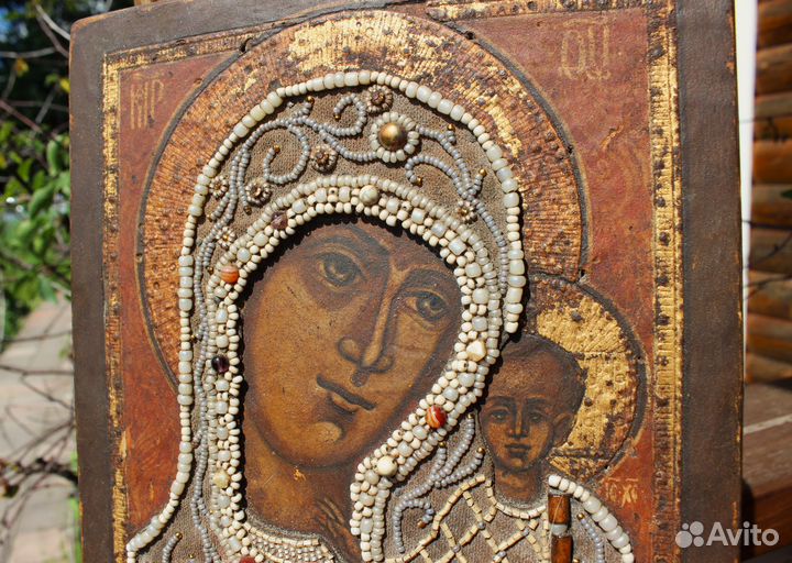 Икона Богородицы Казанская 28*22 ризе бисер жемчуг