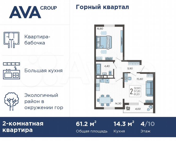 2-к. квартира, 61,2 м², 4/10 эт.