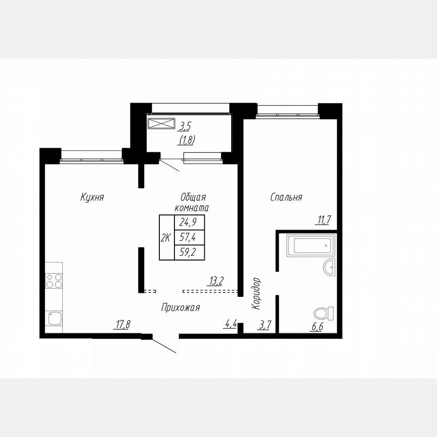2-к. квартира, 59,2 м², 11/17 эт.